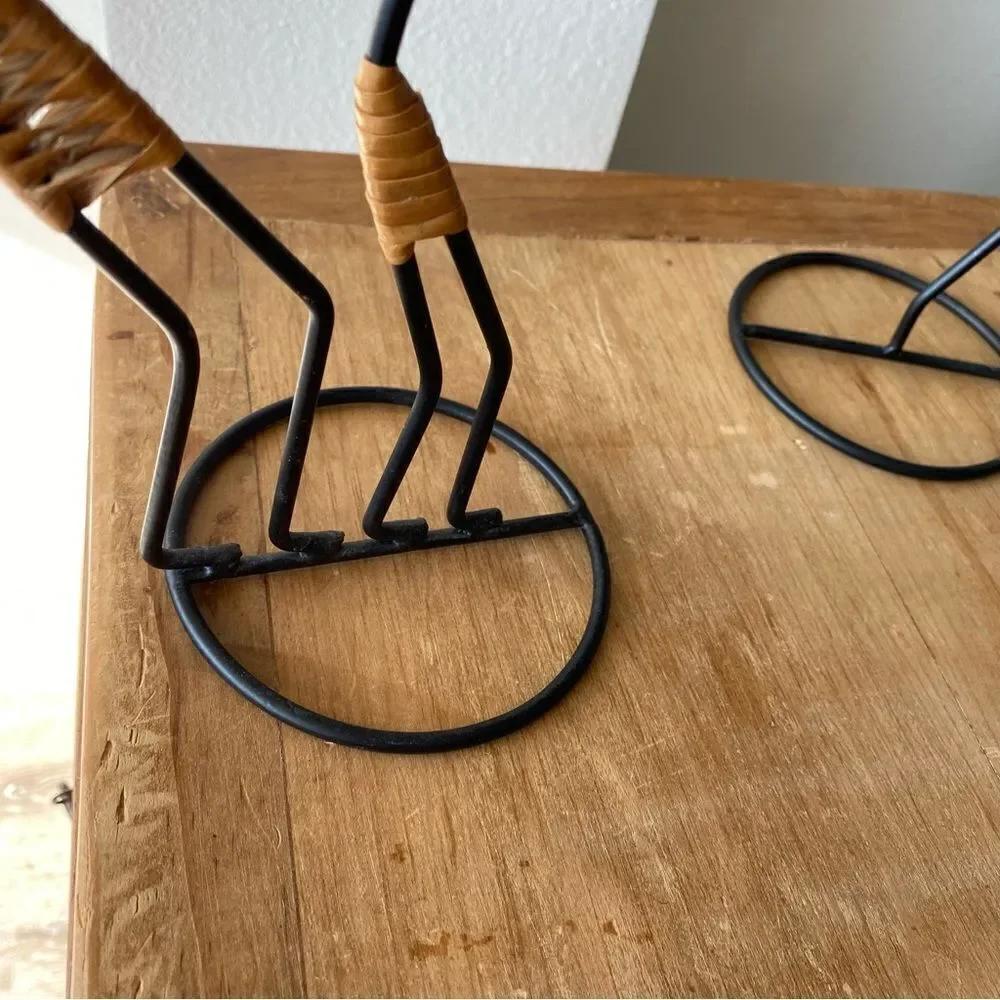Vintage Black Metal and Rattan Candle Holders Set of Two